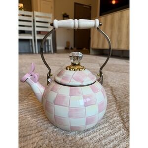 Mackenzie‎ Childs Rosy Check Enamel Tea Kettle Pink White 2 Quart Whistling New